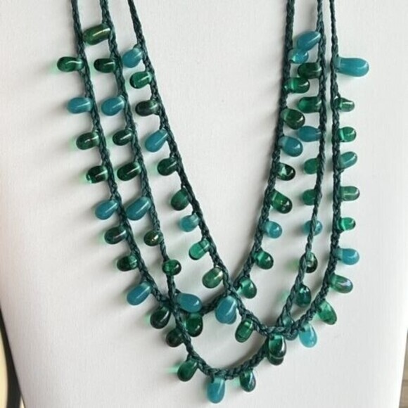 HANDMADE Multistrand Turquoise Glass Bead Necklace 19 in + 2.5 in Ext. Blue Teal - Picture 1 of 8